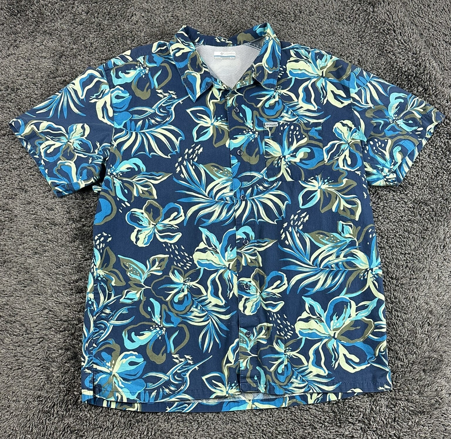 Columbia PFG Trollers Best Fishing Shirt Mens Blue Marlin Tropical S/S  XL