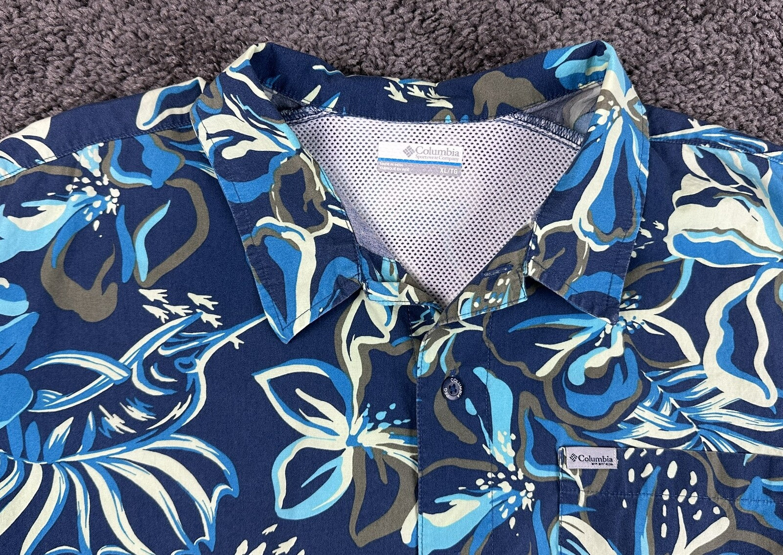 Columbia PFG Trollers Best Fishing Shirt Mens Blue Marlin Tropical S/S  XL