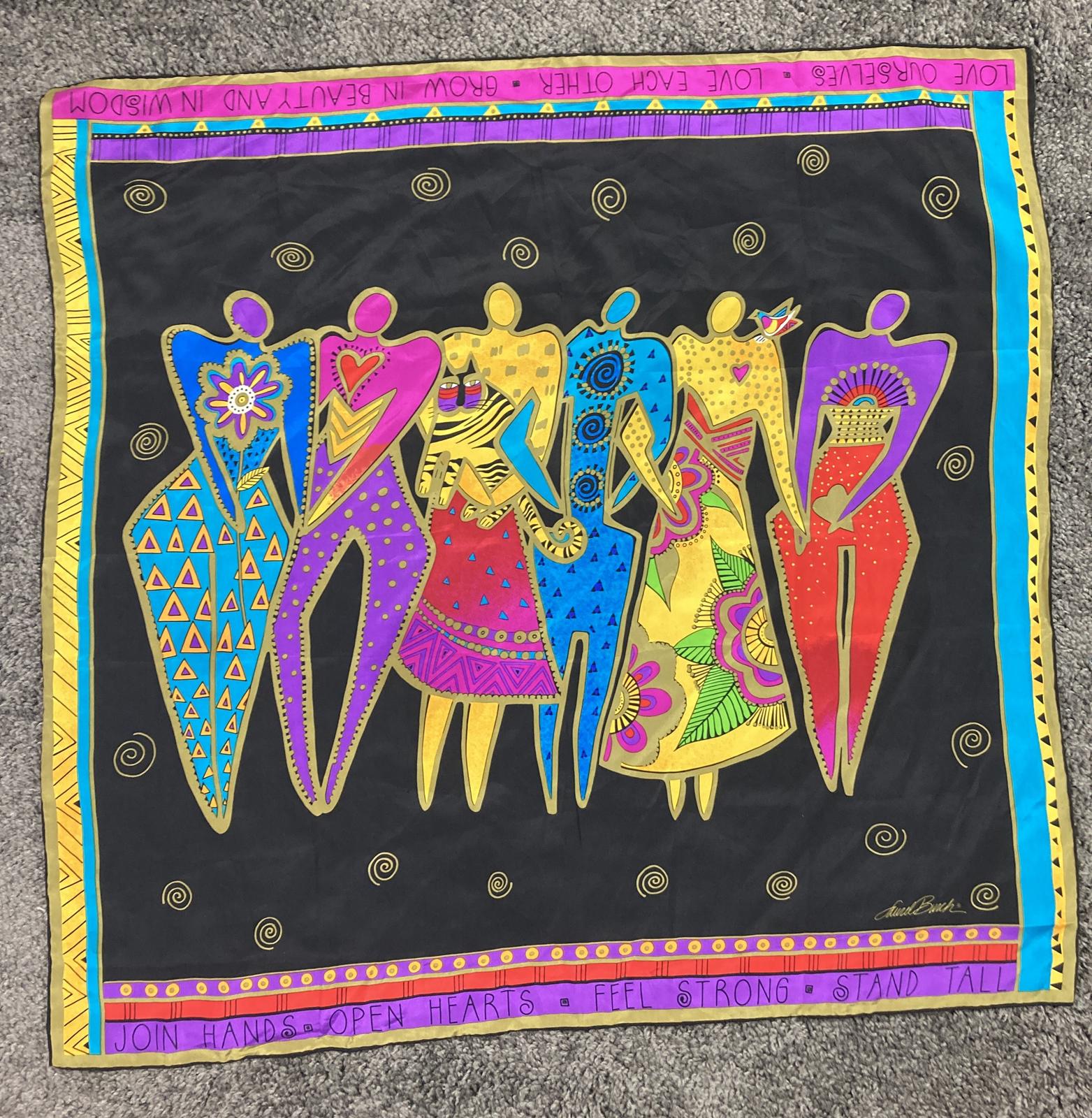 Laurel Burch Women with Cats Silk Scarf Black Colorful Art Print Size 32 x 32