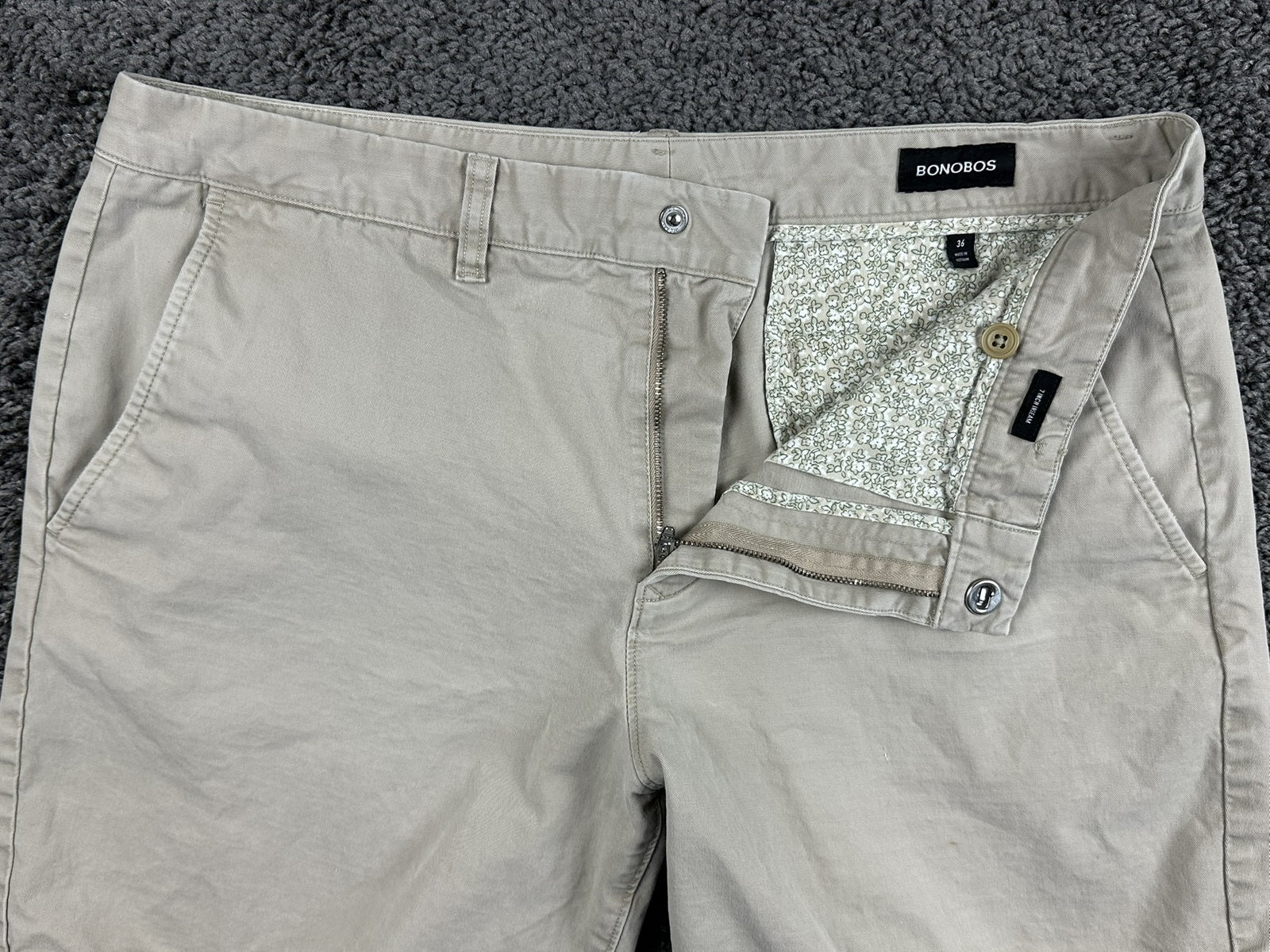 Bonobos Mens Stretch Washed Chino Shorts Khaki Tan Flat Front 7 Inseam Size 36