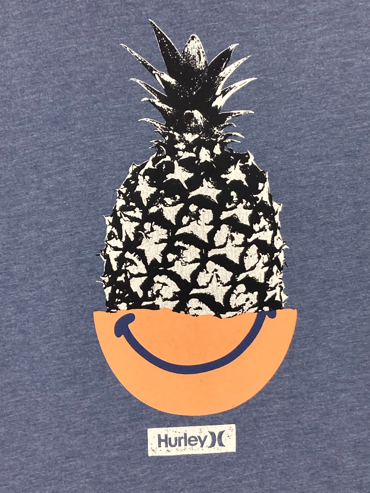 Hurley Men's Pinehappy Everyday Washed T-Shirt Blue Pineapple Smiley Logo Sz XL