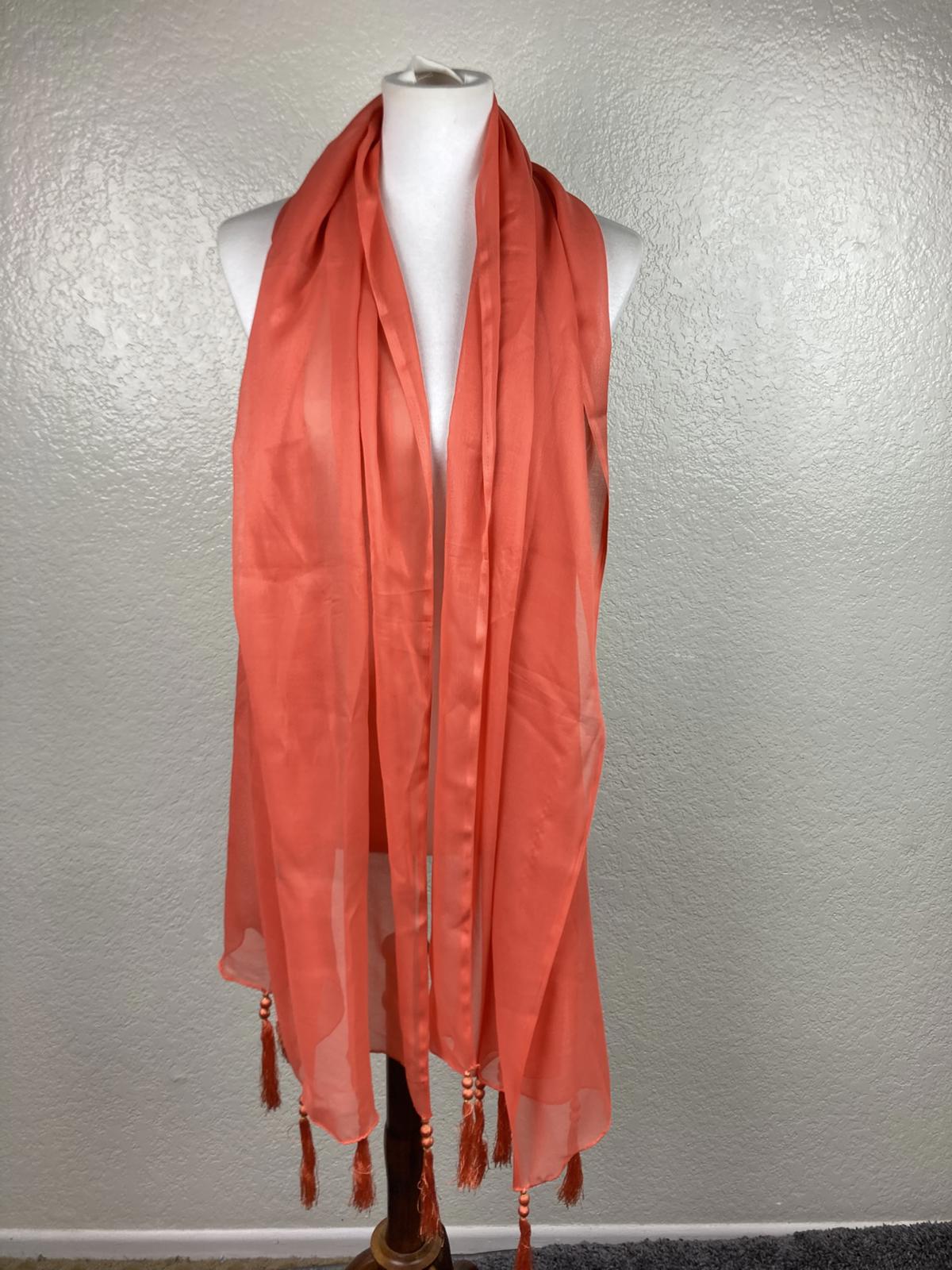 Coral Sheer Lightweight Wrap Scarf Tassel Beaded Ends Soft Evening Shawl 78x28