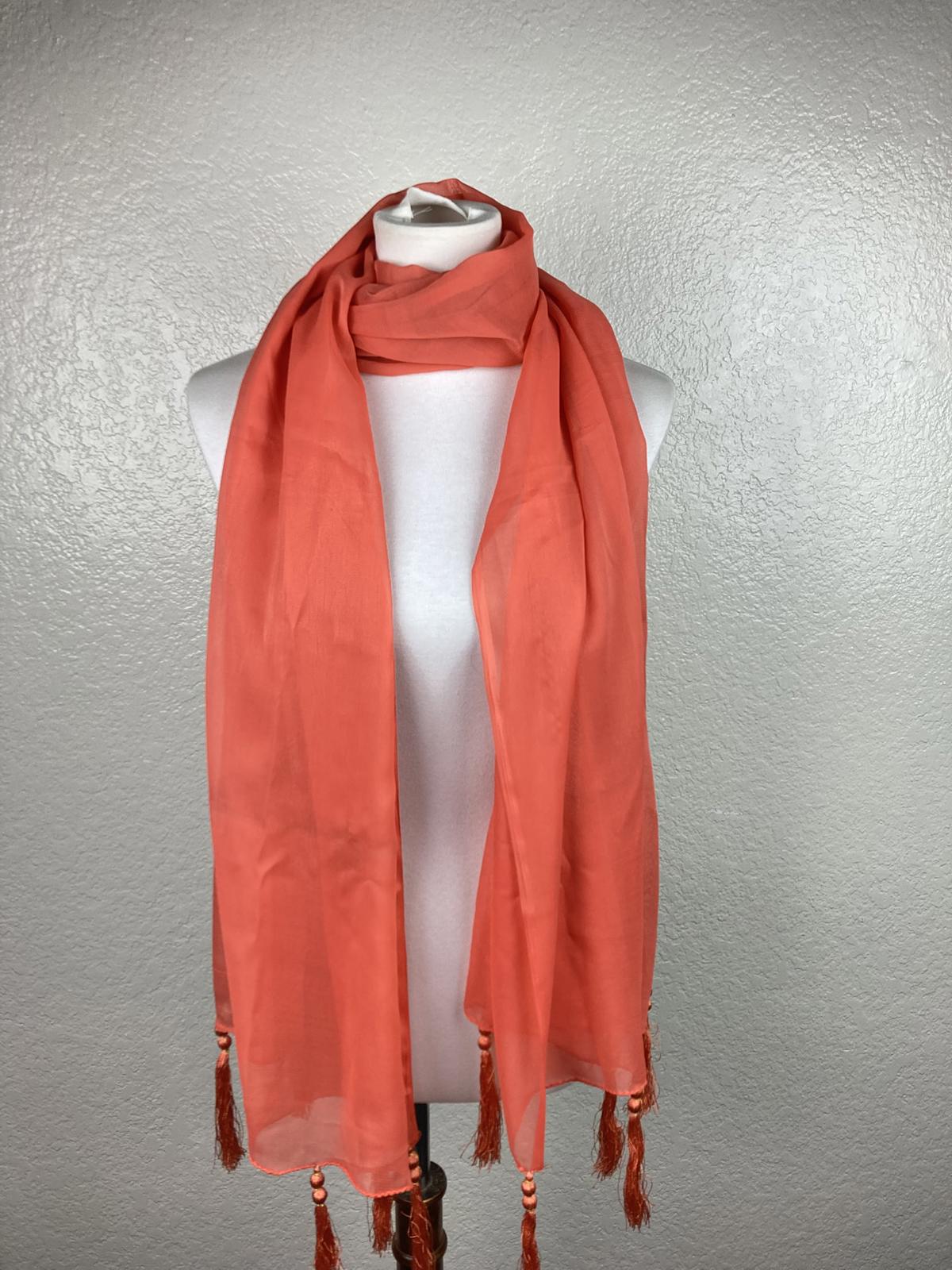 Coral Sheer Lightweight Wrap Scarf Tassel Beaded Ends Soft Evening Shawl 78x28