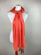 Coral Sheer Lightweight Wrap Scarf Tassel Beaded Ends Soft Evening Shawl 78x28