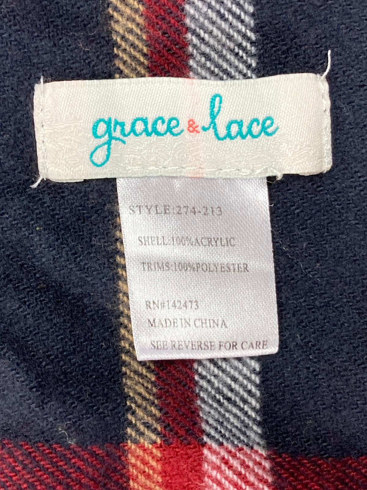Grace & Lace Blanket Scarf Plaid Red Navy Fringe Wrap Shawl 72x38 in.