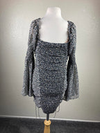 Vici Morris Floral Bell Sleeve Ruched Mini Dress Black White Boho Square Neck S