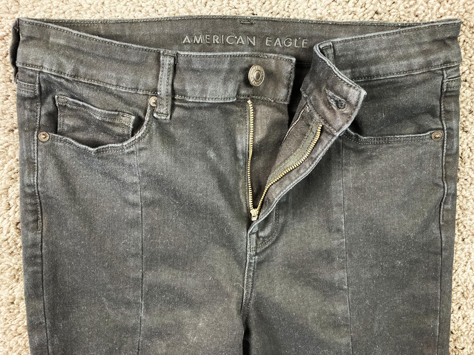 American Eagle Hi-Rise Skinny Kick Jeans Short Black Seam Split Hem Sz 14