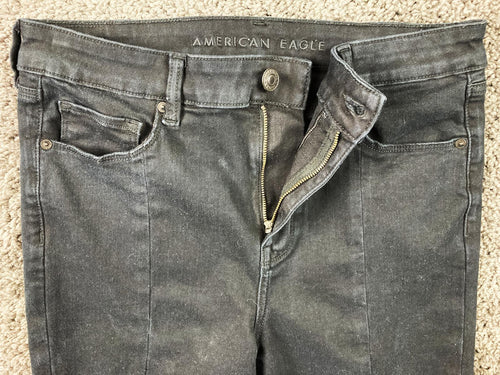 American Eagle Hi-Rise Skinny Kick Jeans Short Black Seam Split Hem Sz 14