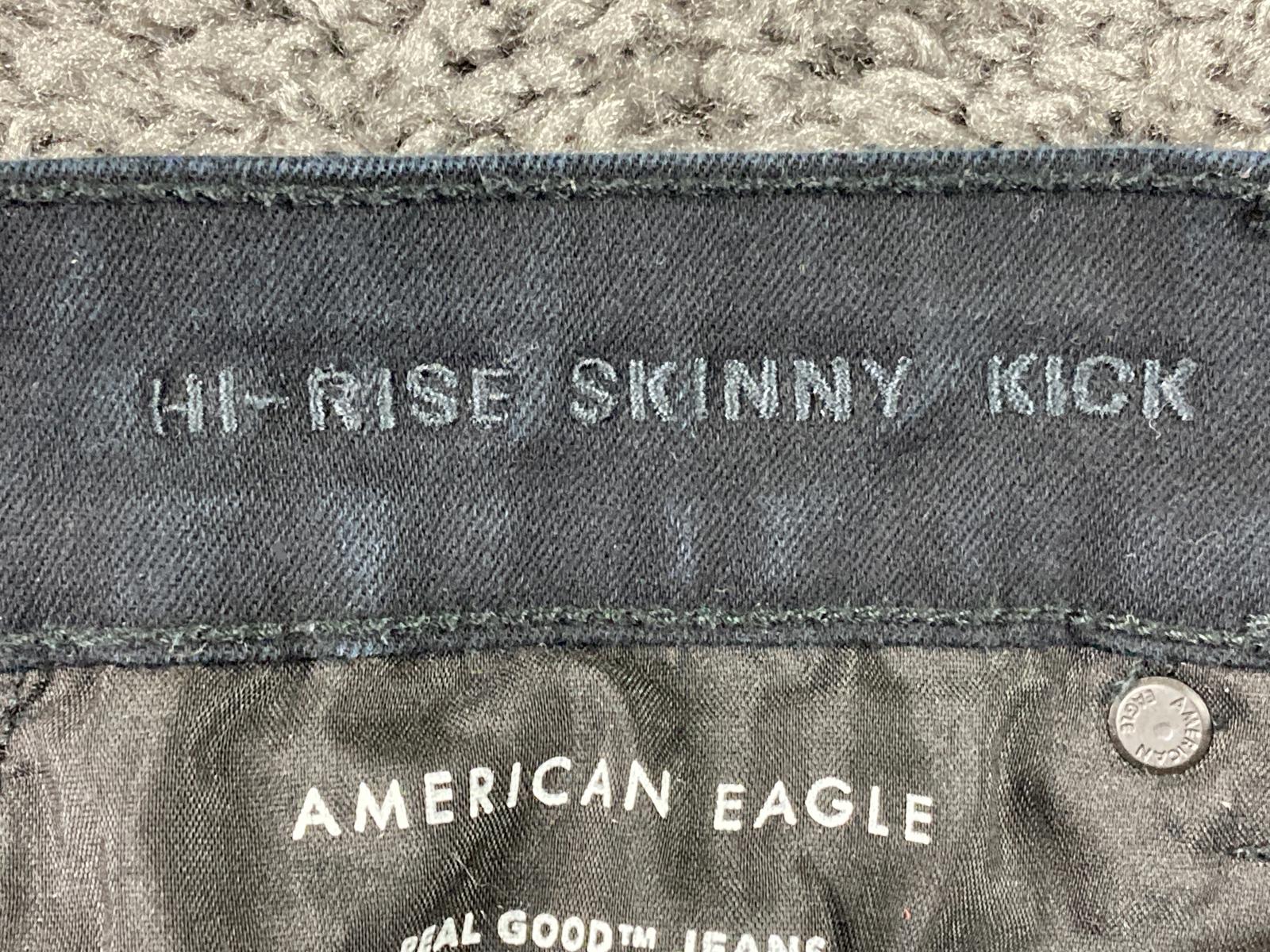 American Eagle Hi-Rise Skinny Kick Jeans Short Black Seam Split Hem Sz 14