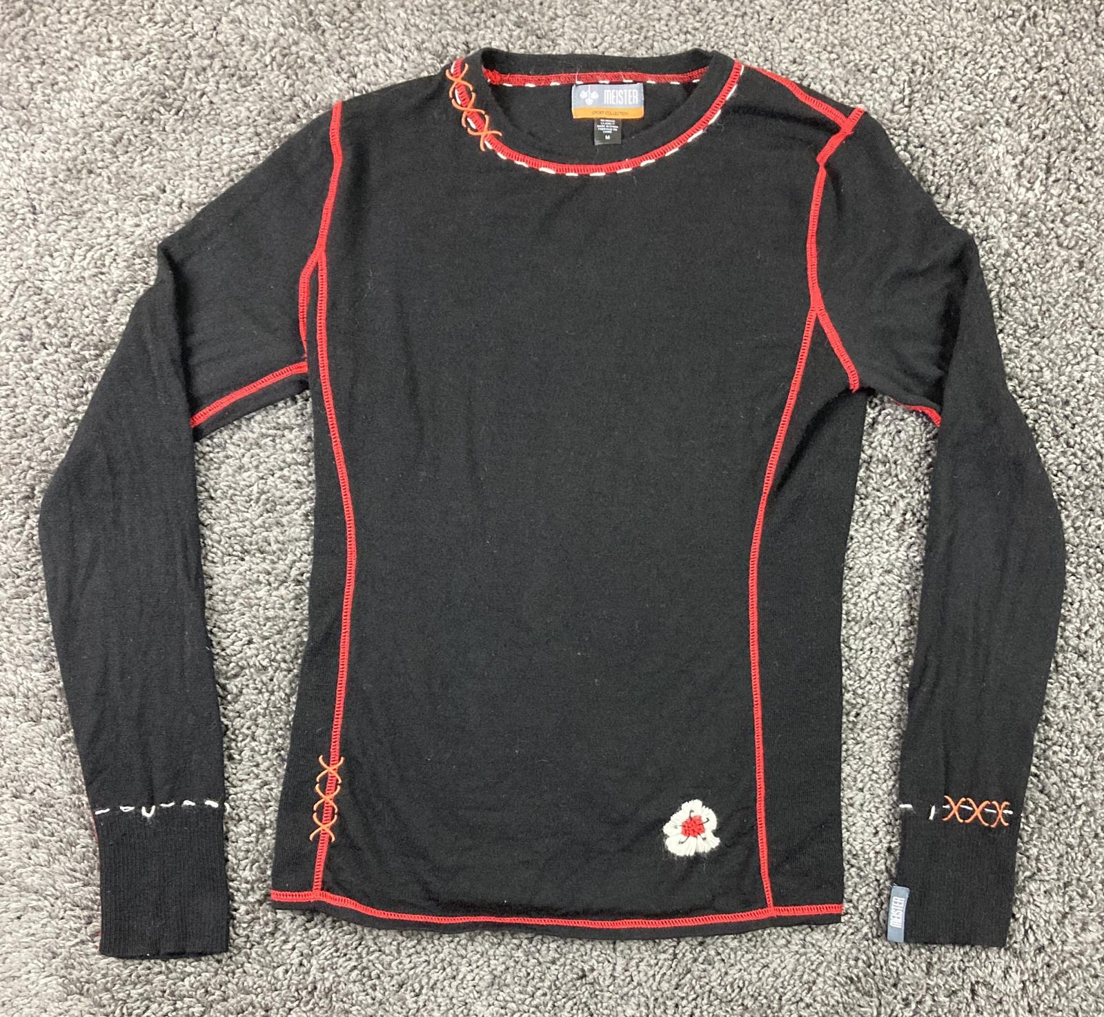 Meister Merino Wool Base Layer Top Women's Black Red Trim Sz S