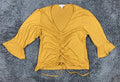 Nanette Lepore Mustard Gold Ruched Cinch Front Bell Sleeve Top Sz Large