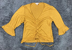 Nanette Lepore Mustard Gold Ruched Cinch Front Bell Sleeve Top Sz Large