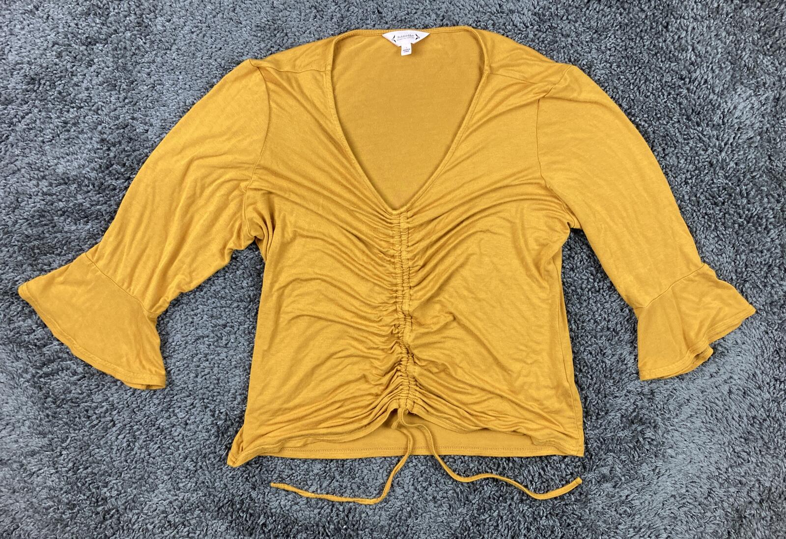Nanette Lepore Mustard Gold Ruched Cinch Front Bell Sleeve Top Sz Large