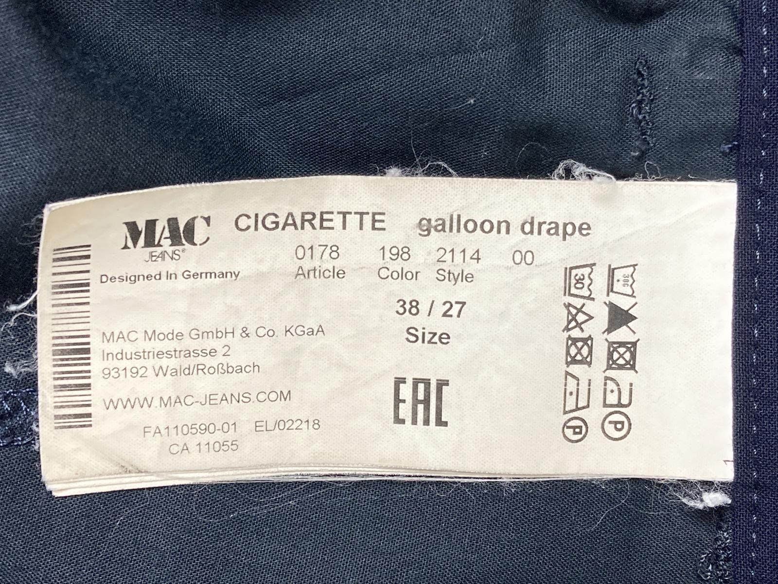 MAC Jeans Cigarette Galloon Drape Navy Slim Pants Women Size 	EU 38 US 6 Stretch