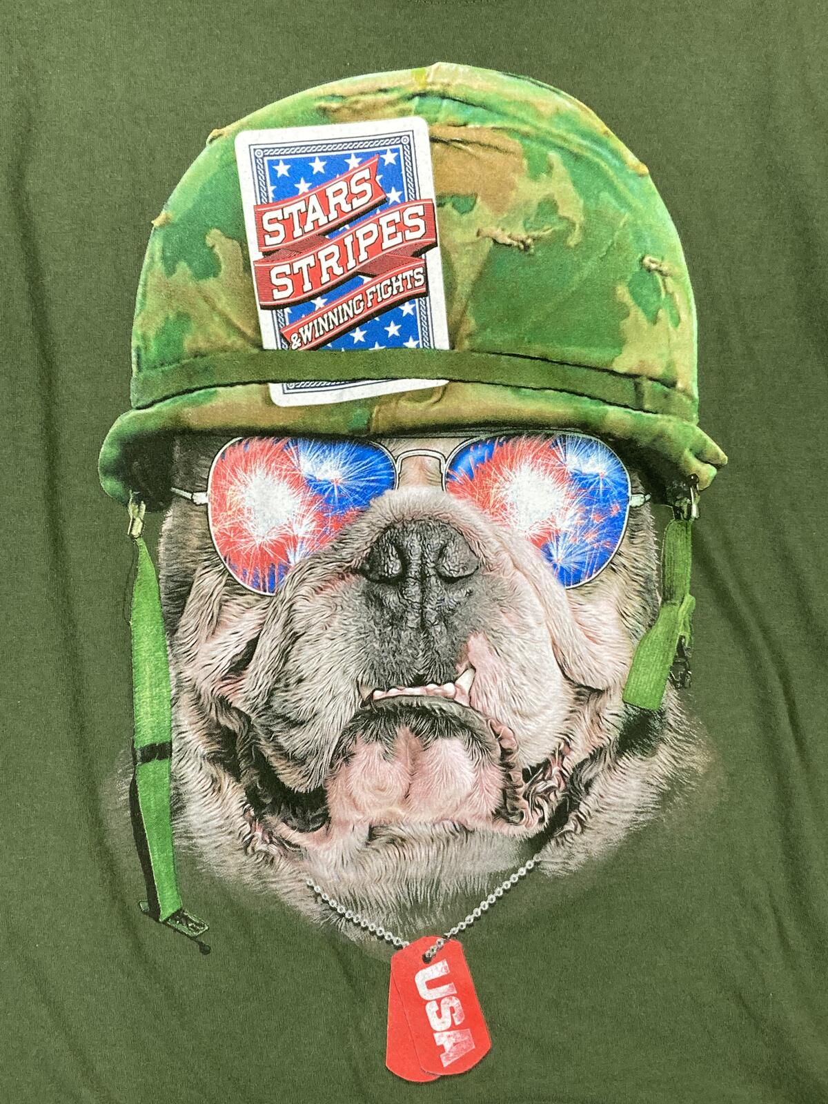 Way To Celebrate Patriotic Bulldog T-Shirt Mens Green Military Helmet USA Dog XL