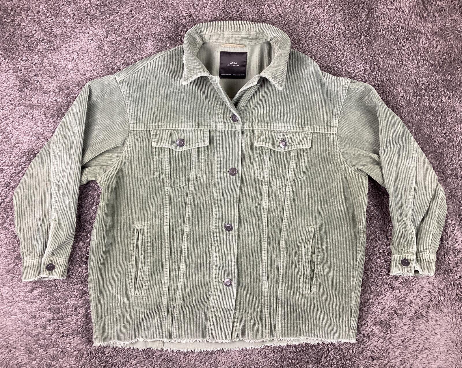 ZARA Womens Olive Green Corduroy Jacket Oversized Shacket Trucker Raw Hem Sz S