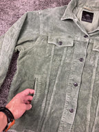 ZARA Womens Olive Green Corduroy Jacket Oversized Shacket Trucker Raw Hem Sz S