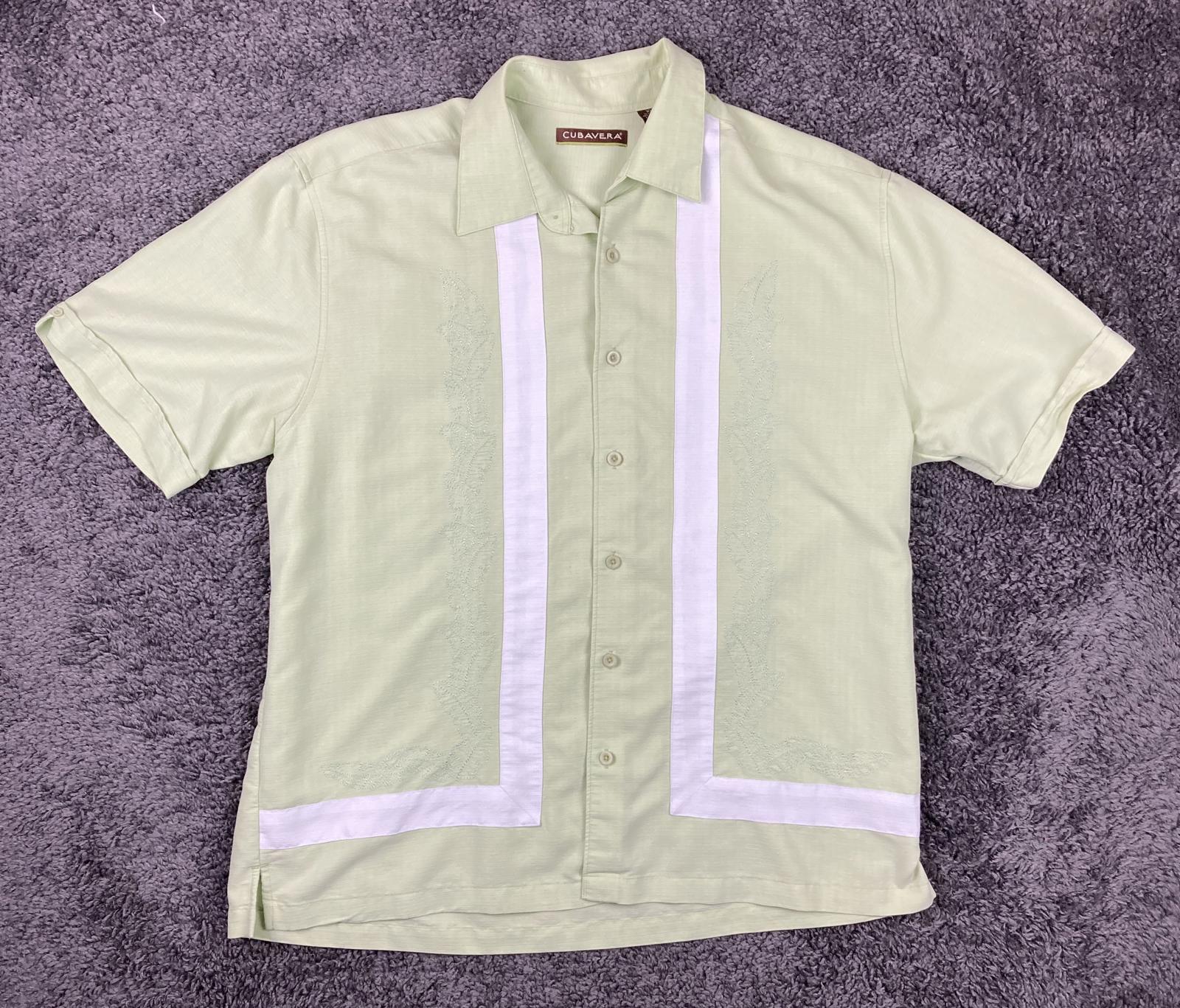 Cubavera Mens Green Guayabera Shirt Rayon Blend Embroidered Retro Camp Casual XL