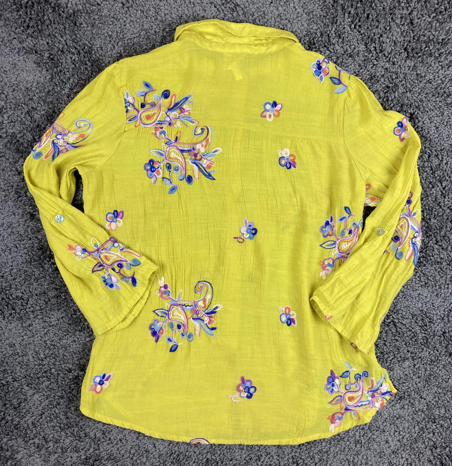 Fig & Flower Shirt Women Size L Tunic Roll Tab Button Golden Yellow Embroidered