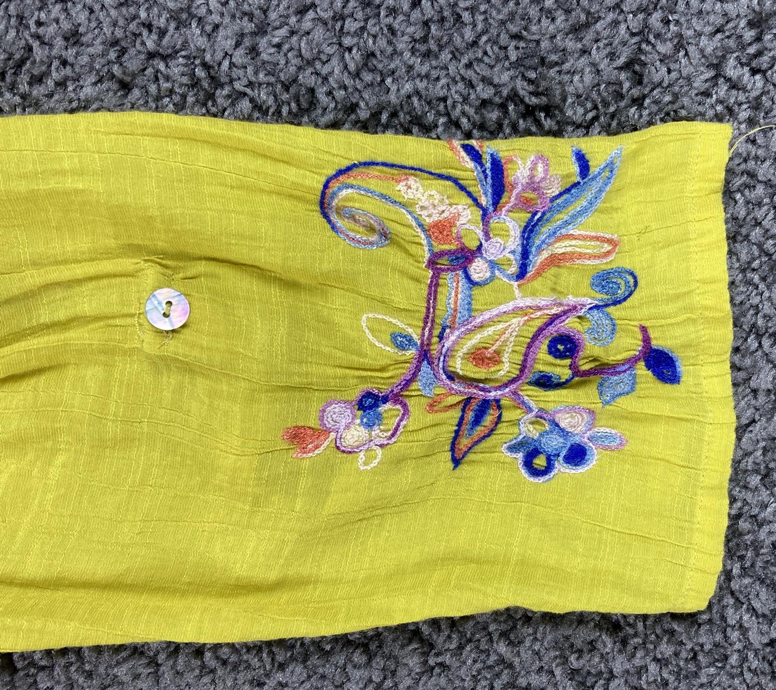 Fig & Flower Shirt Women Size L Tunic Roll Tab Button Golden Yellow Embroidered