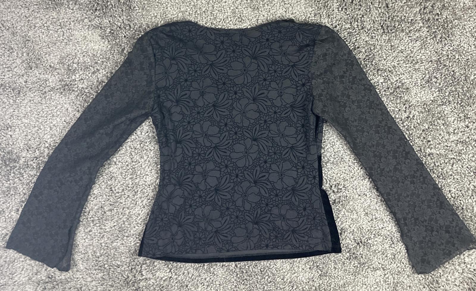 Baranda Top Women XS Black Lace Long Sleeve Velour Fitted Floral Mesh Stretch