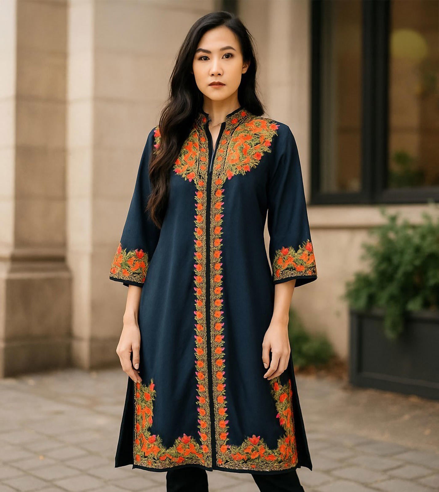 Women's Black 3pc Multicolor Embroidered Indian Kurta, Pant & Dupatta Set Sz L