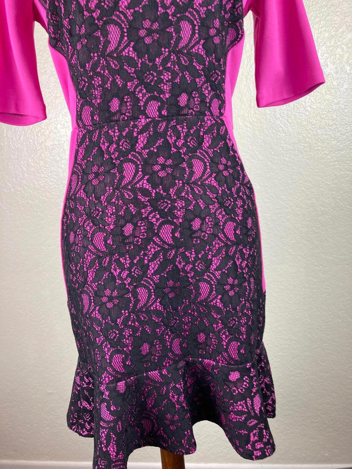 Juicy Couture Stretch knit Tulip retro Dress sz 6 Hot Pink Black Lace scoop neck