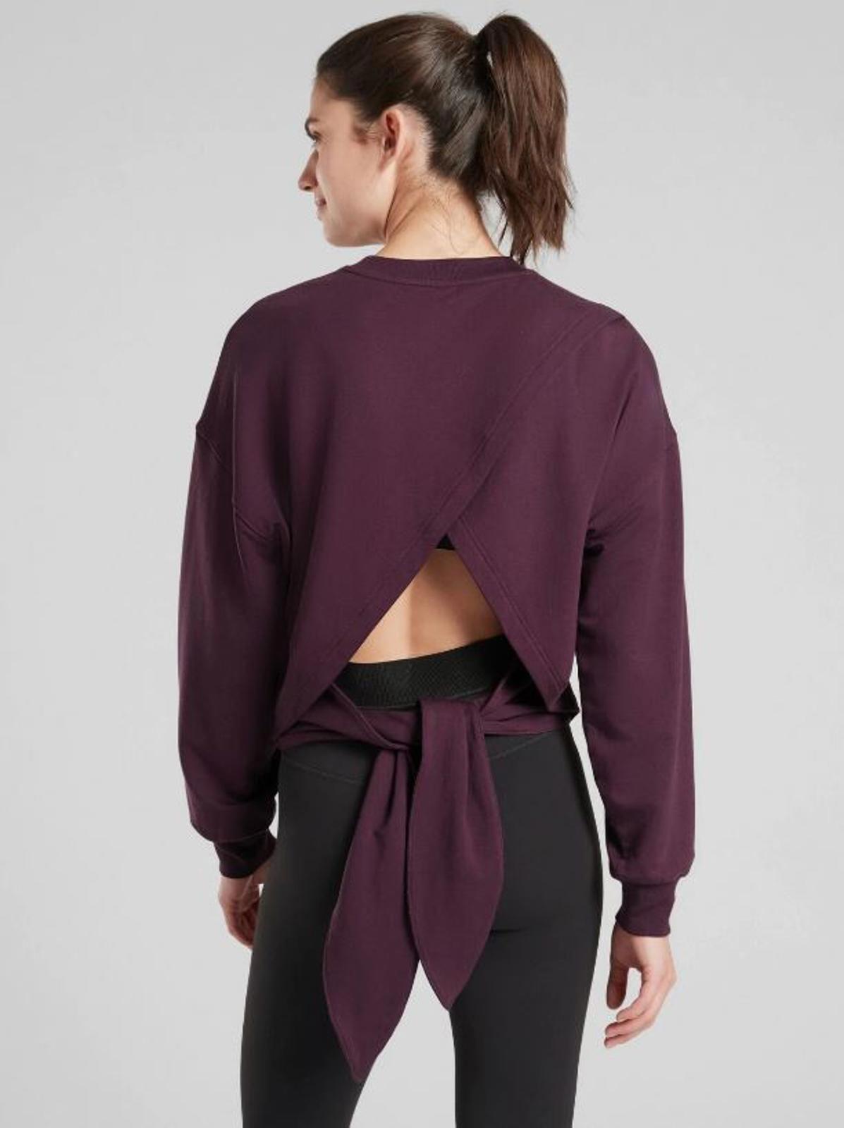 Athleta Yoga Tie Back Sweatshirt Agate Purple Nirvana Pullover Open Back Sz XS