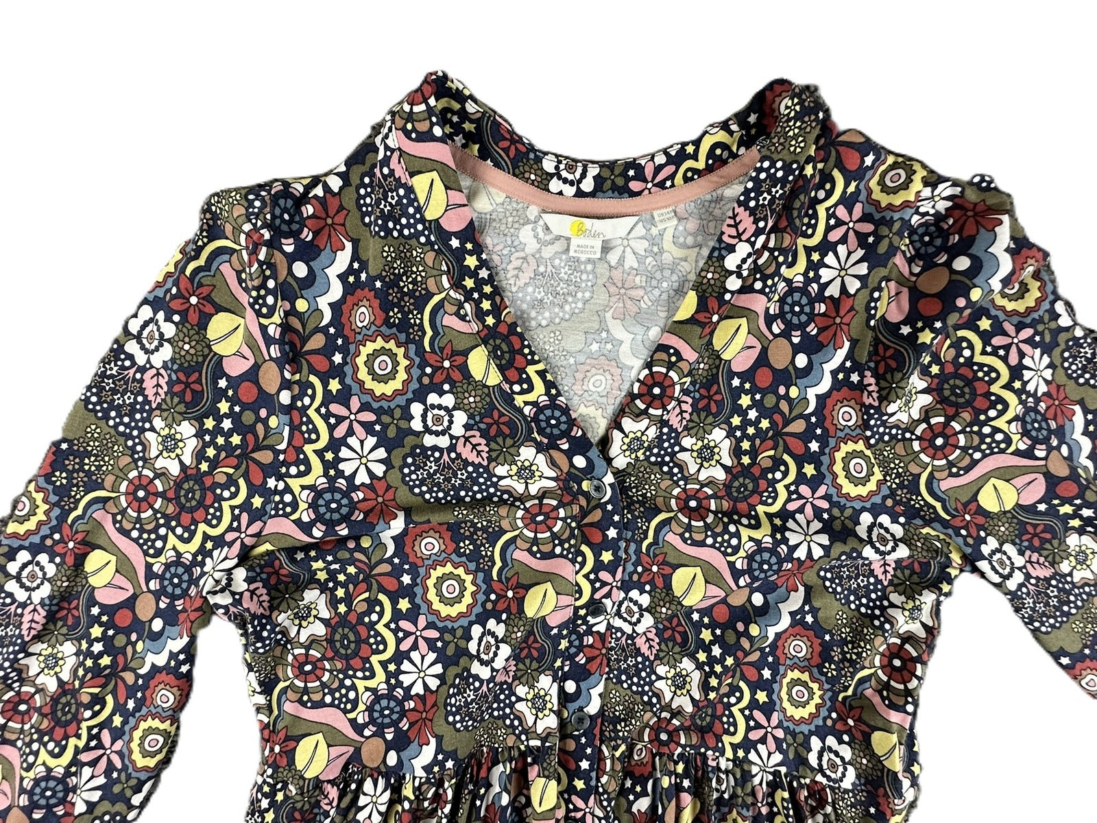 Boden Button Through Jersey Dress US 10R Multicolor Floral V-Neck Long Sleeve