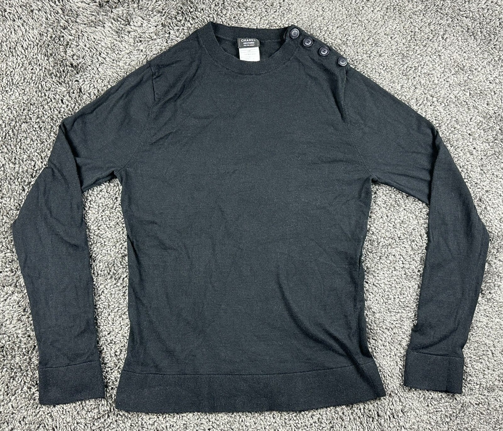 CHANEL Uniform 19P Black Wool Blend Knit Sweater CC Logo Shoulder Buttons Small