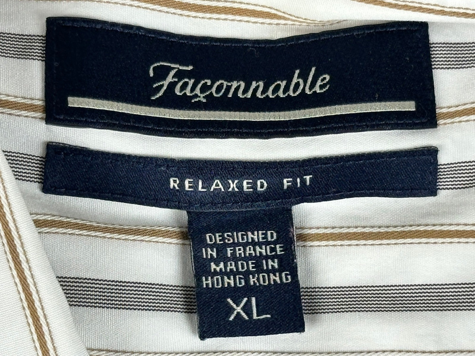 Faconnable Mens Striped Button Down Shirt White Gray Tan Size XL Relaxed Fit