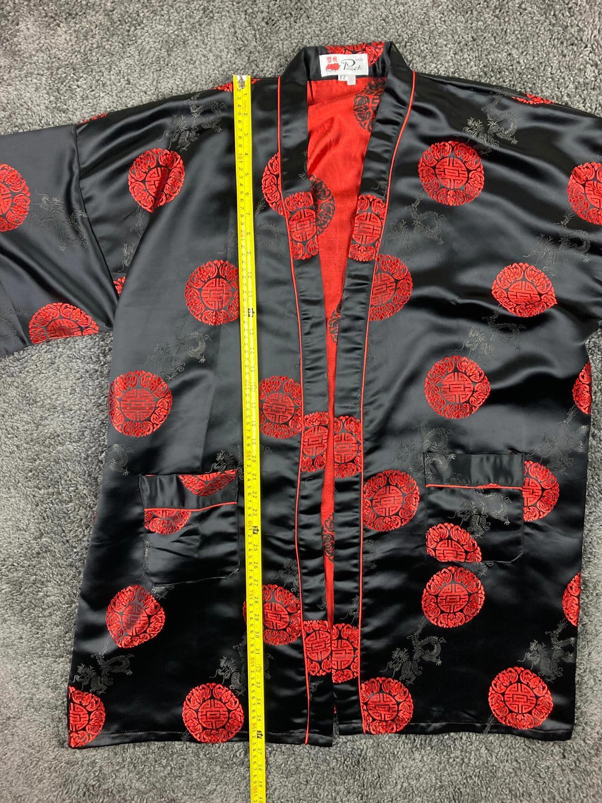 Double Peach Silk Kimono Robe Black Red Dragon Size Small Missing Sash