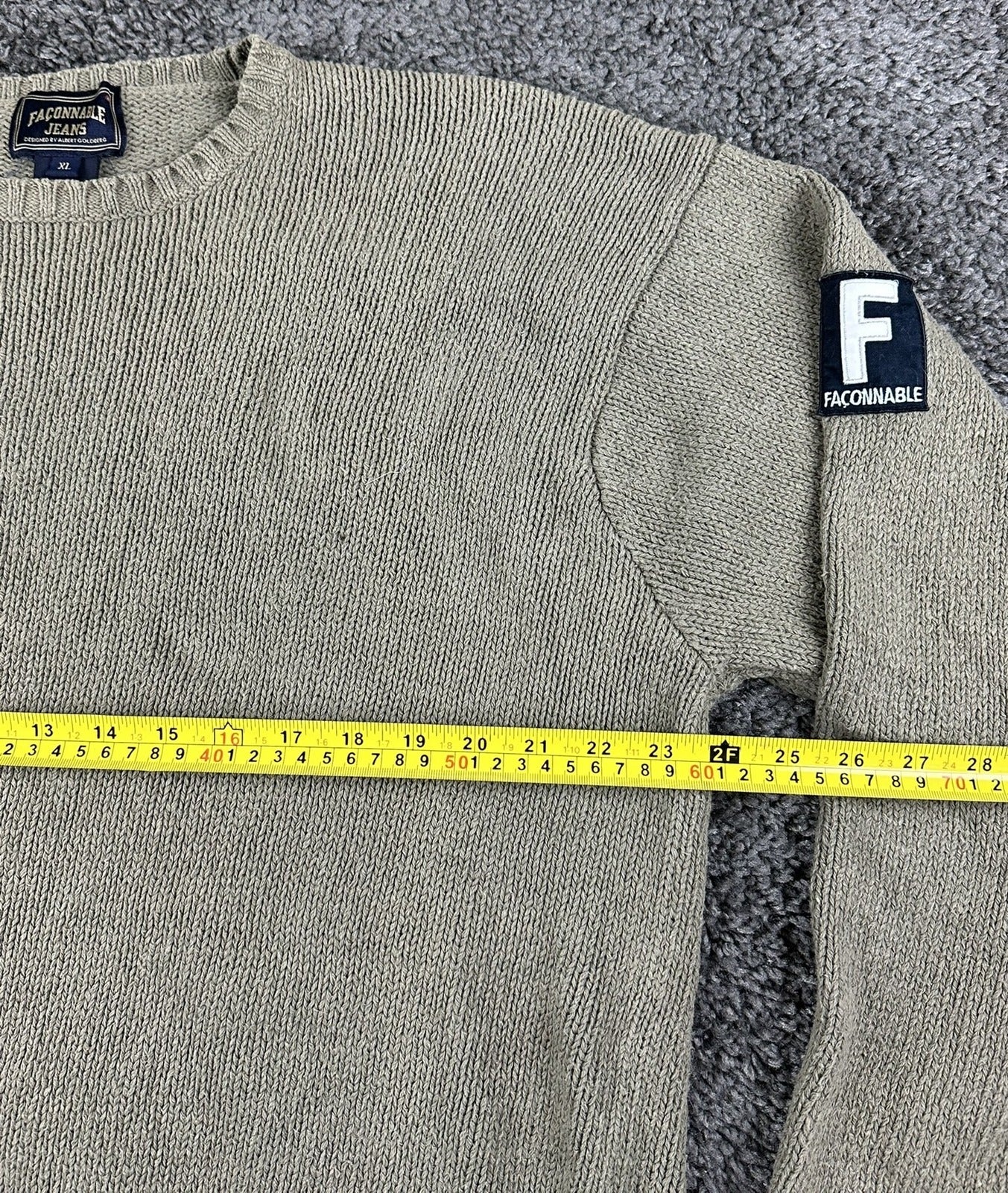 Vtg Faconnable Sweater Mens XL Tan Beige Heavy Cotton Knit Sleeve Patch Pullover
