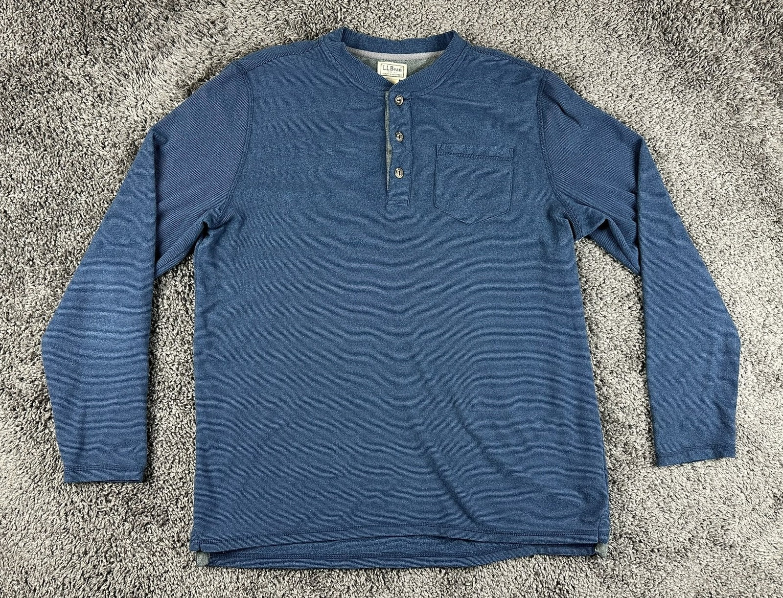 LL Bean Mens Large Tall Blue Long Sleeve Henley Shirt Chest Pocket Textured Knit