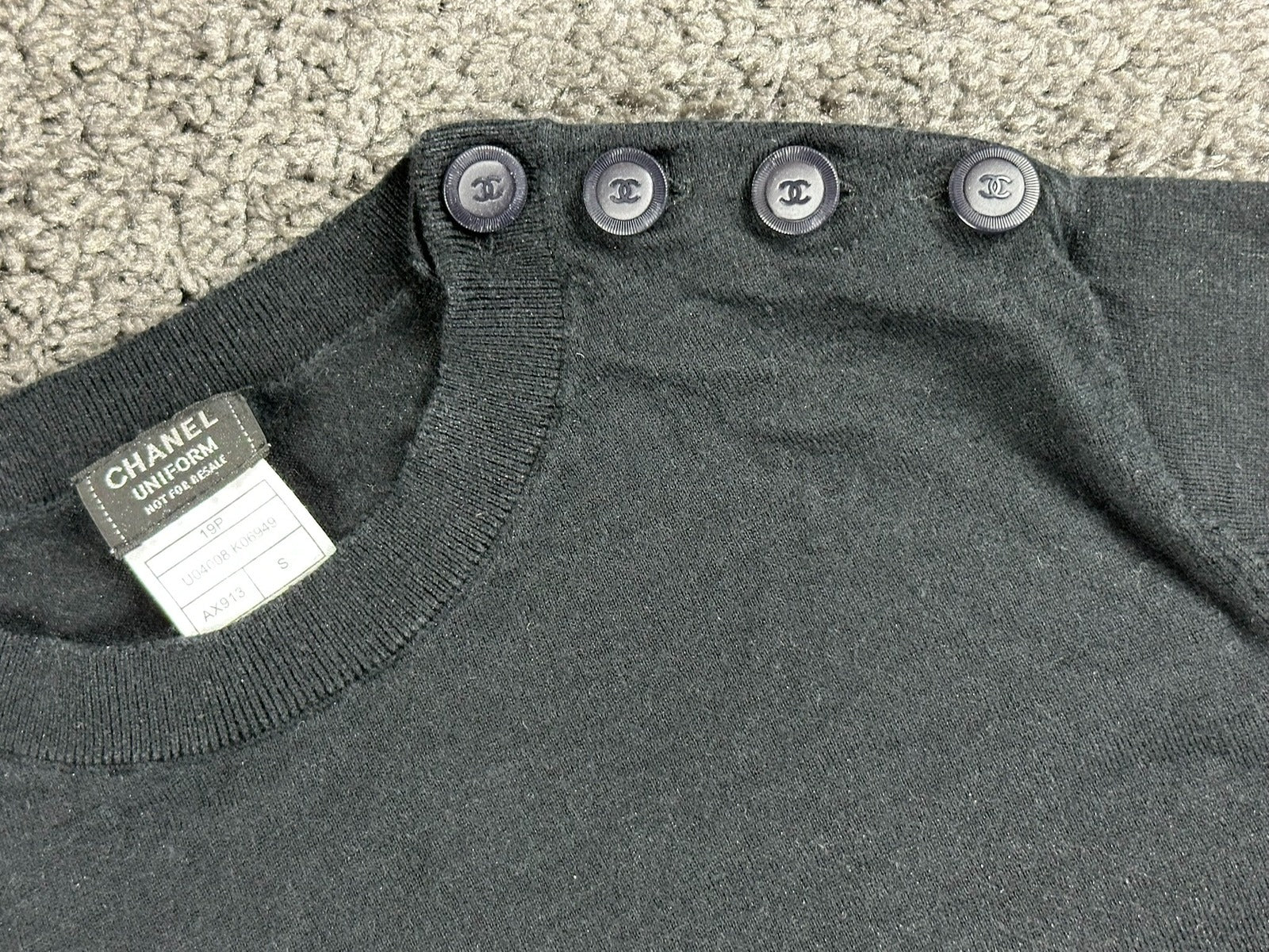 CHANEL Uniform 19P Black Wool Blend Knit Sweater CC Logo Shoulder Buttons Small