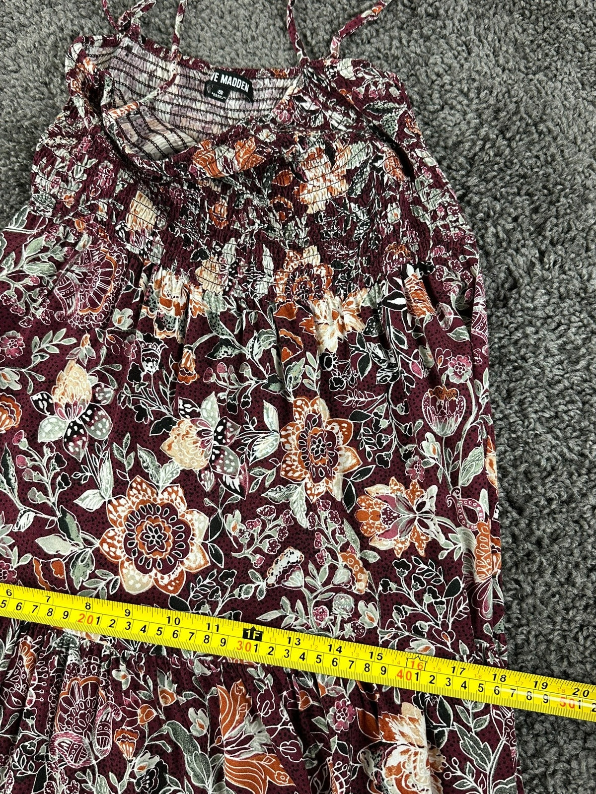 Steve Madden Floral Smocked Maxi Dress S Burgundy Boho Tiered Strappy Sun Dress