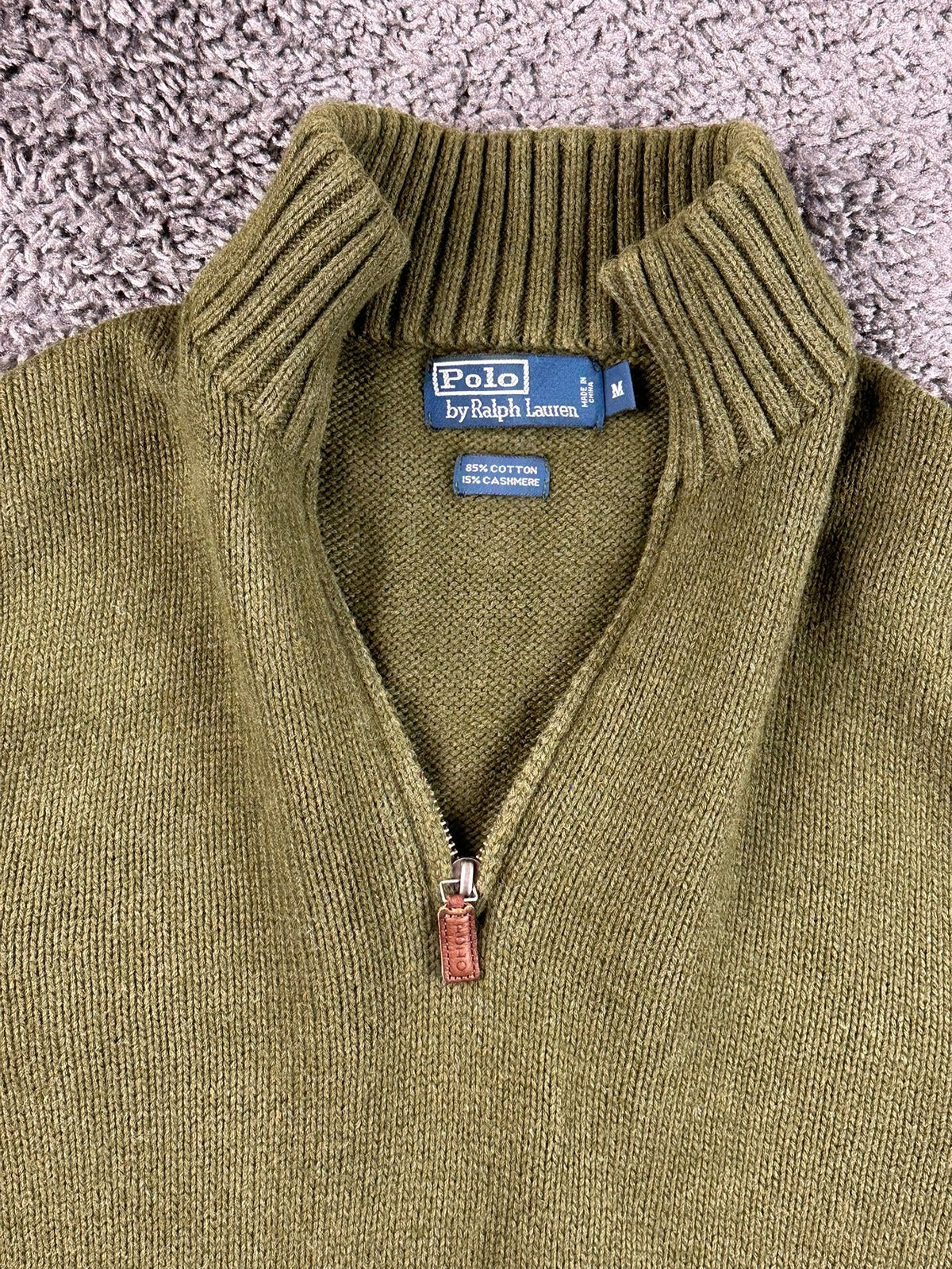 Polo Ralph Lauren Mens Quarter Zip Sweater Medium Olive Green Cotton Cashmere