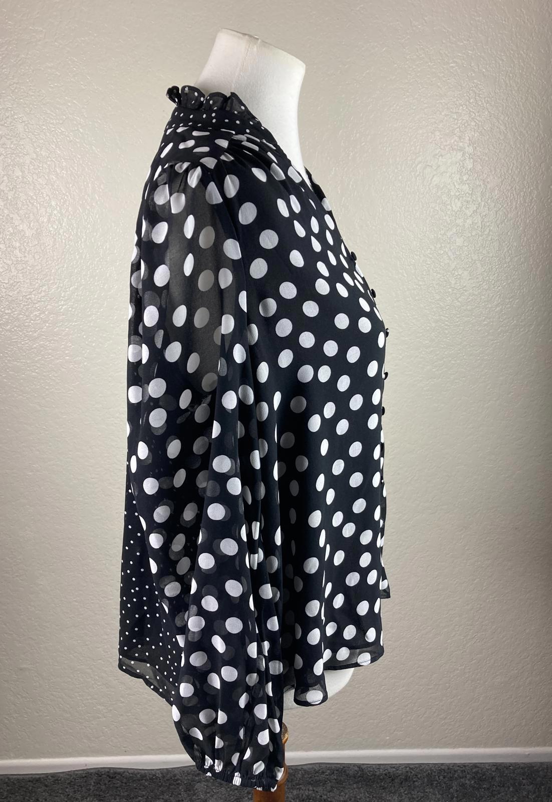 Joie Black White Polka Dot Sheer Blouse Ruffle Neck Button Front Long Sleeve S/P