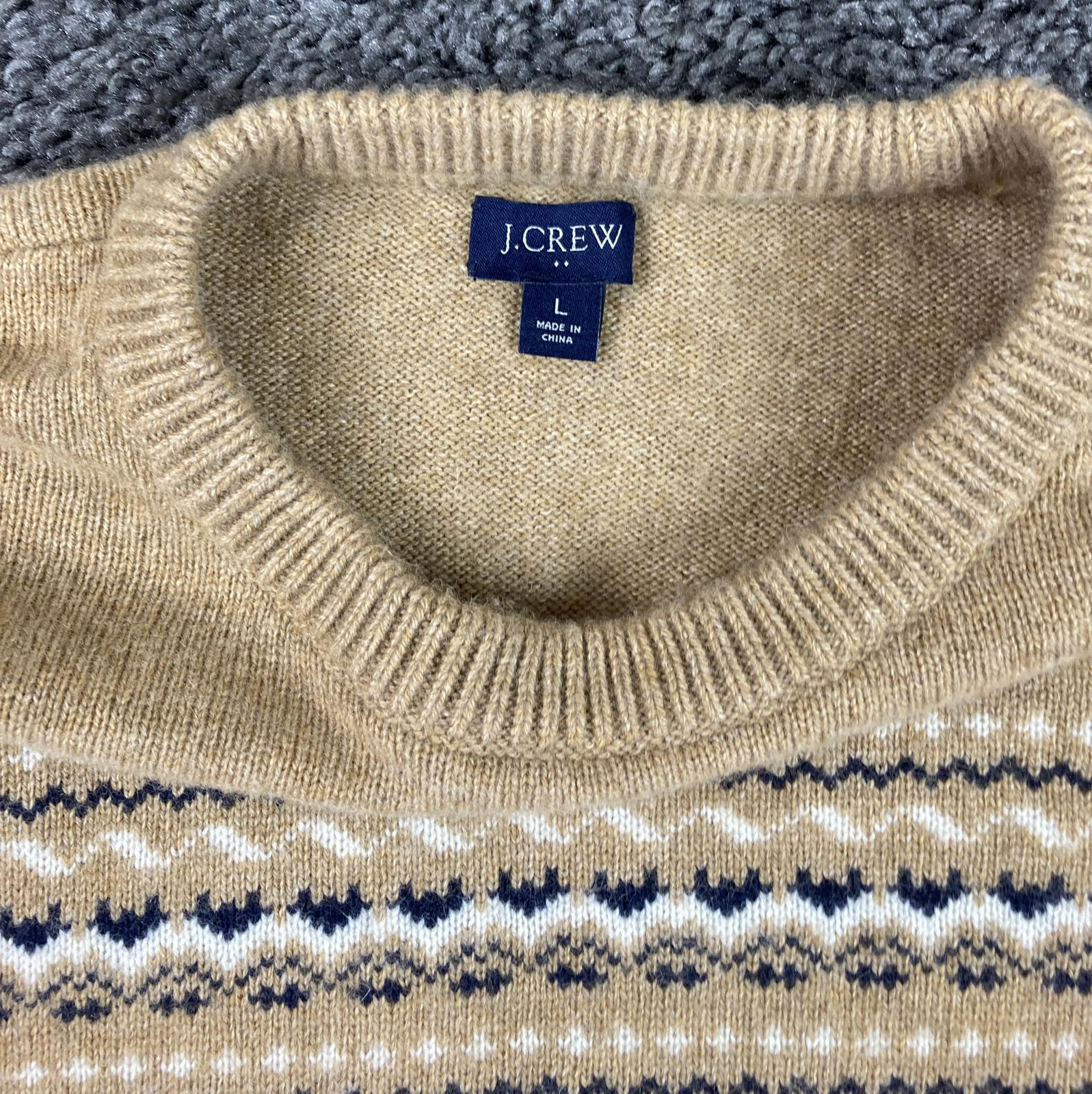 J.Crew Mens Fair Isle Lambswool Blend Sweater Large Tan Navy Cream Crewneck