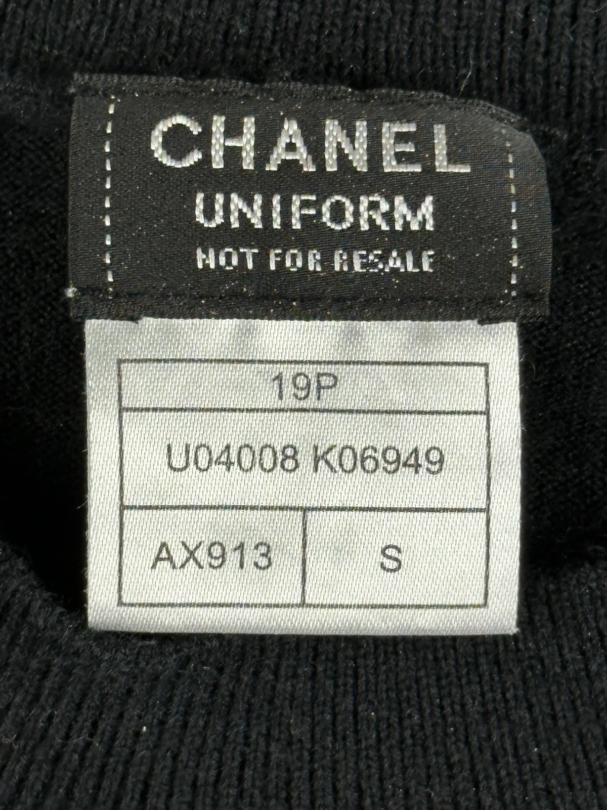 CHANEL Uniform 19P Black Wool Blend Knit Sweater CC Logo Shoulder Buttons Small