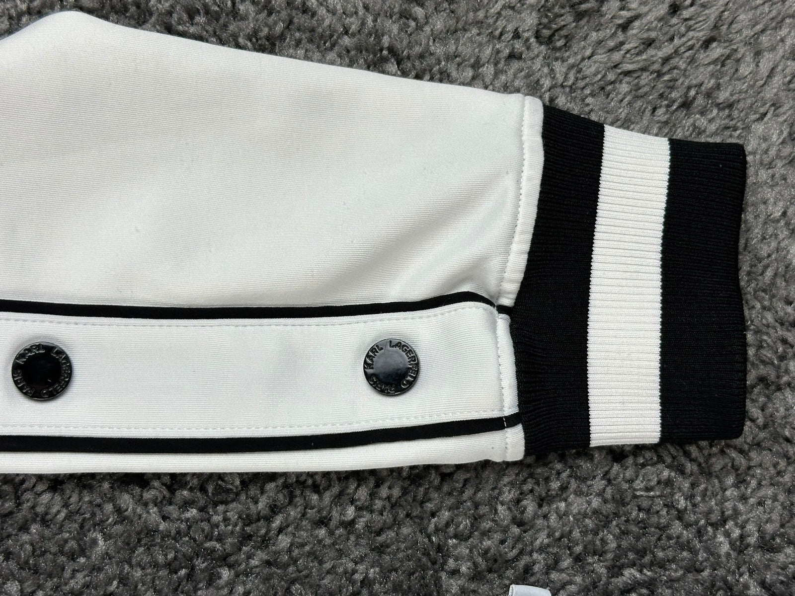Karl Lagerfeld Paris Womens Small Track Jacket White Black Snap Sleeve Full Zip