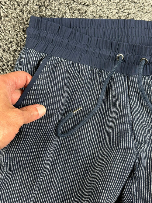Athleta Stripe Bali 100% Linen Pants Womens Blue Stripe Drawstring Cuffed Sz 0