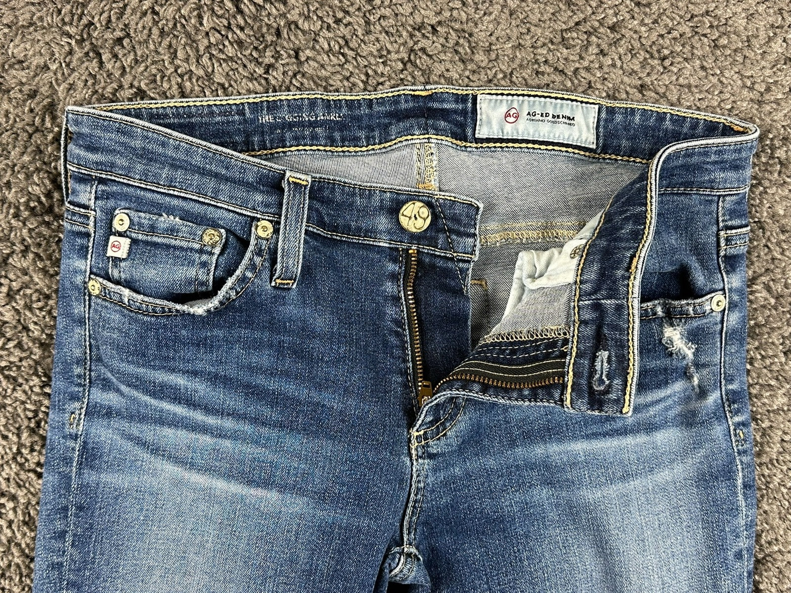 AG Adriano Goldschmied Legging Ankle Jeans Sz 27 Medium Wash Stretch Distressed