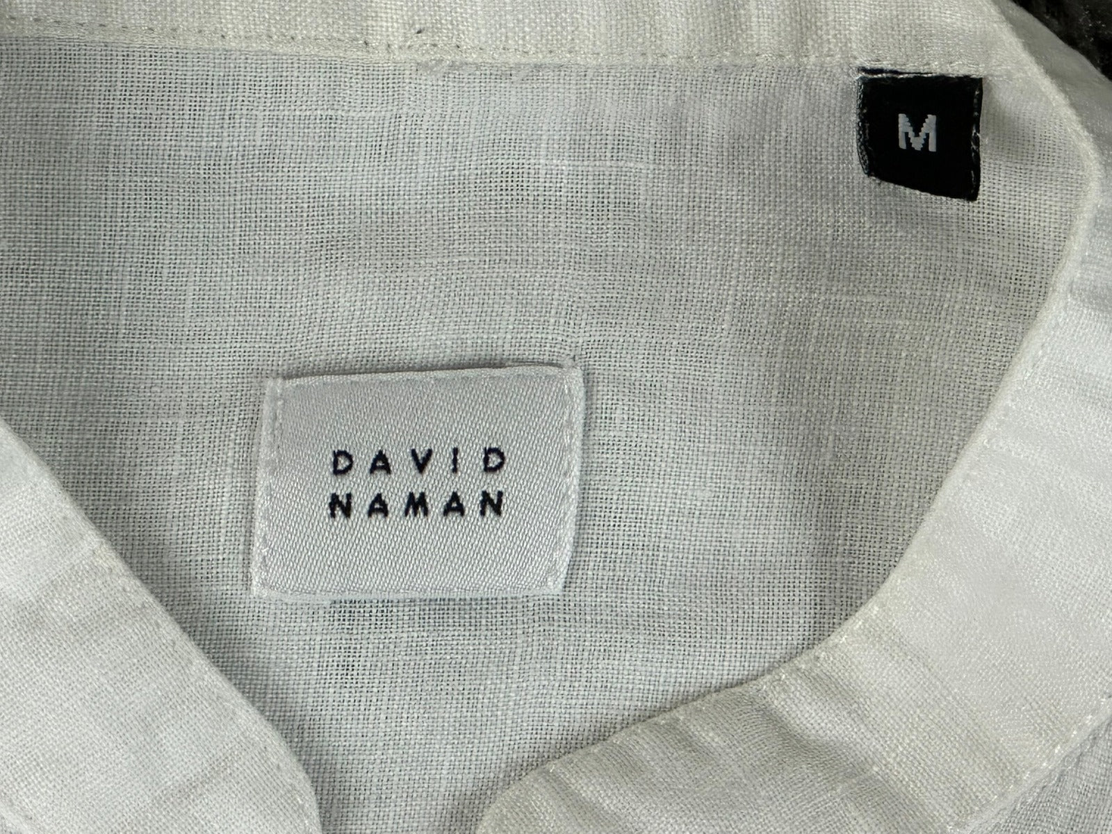 David Naman Mens M White 100% Linen Band Collar Mandarin Shirt Long Sleeve