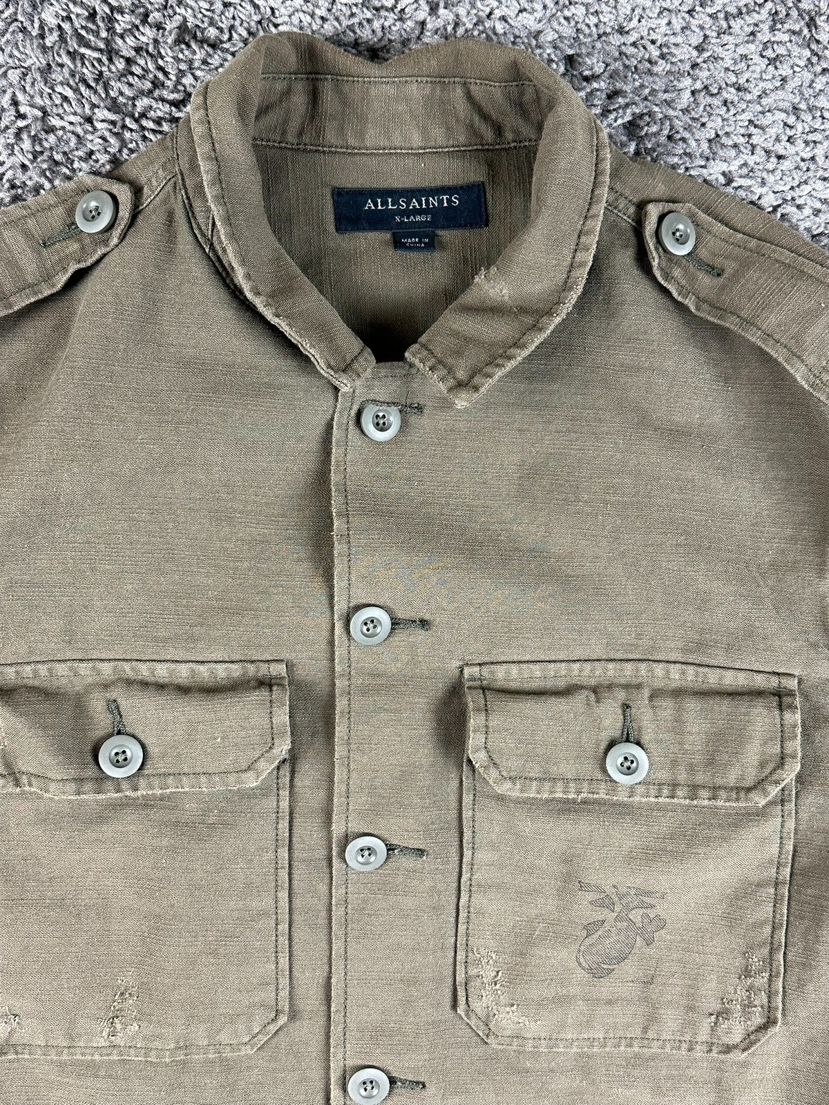 AllSaints Sapper Mens XL Military Overshirt Jacket Olive Green Distressed Cotton