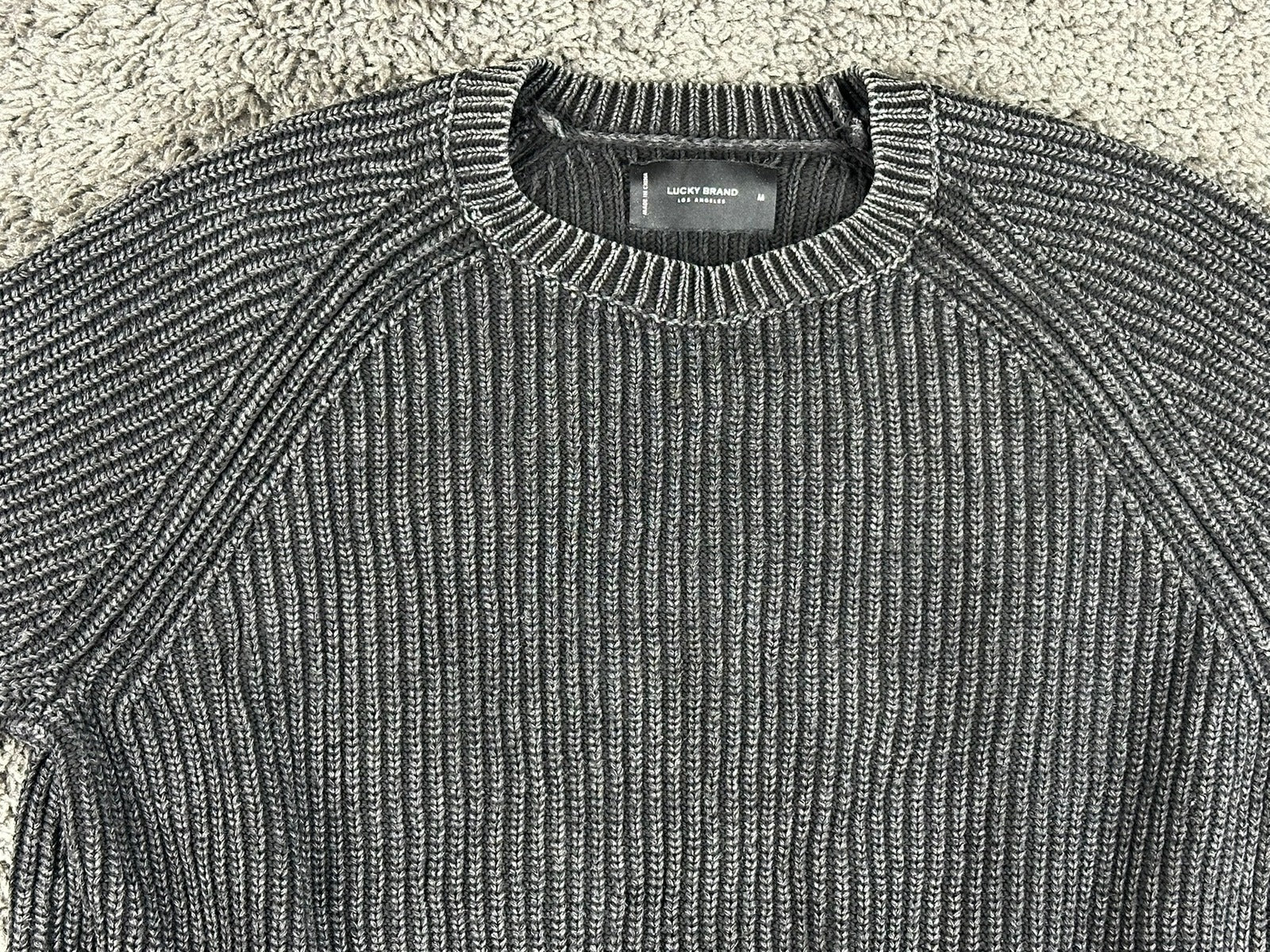 Lucky Brand Mens Medium Charcoal Acid Wash Ribbed Cotton Crewneck Sweater