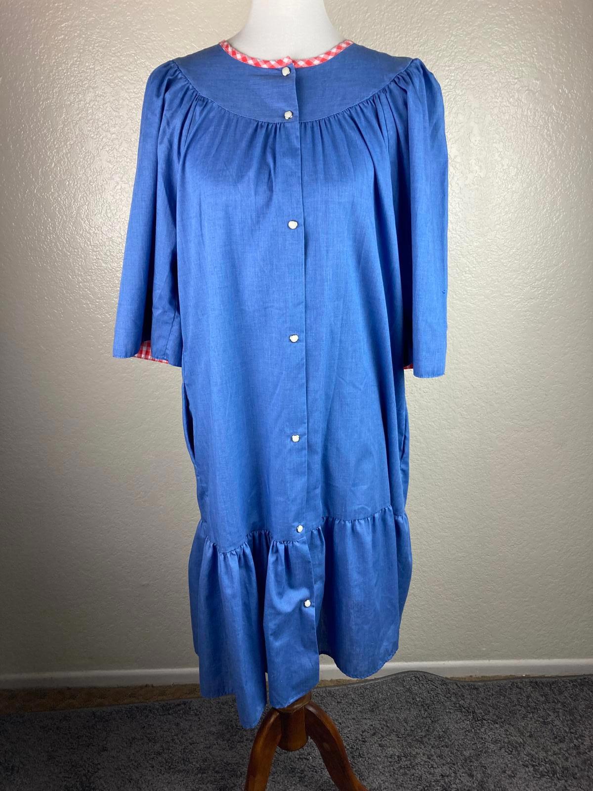 Hedy Lin Casuals Vintage Dress Pearl Snap Button, Blue Chambray Gingham Size L