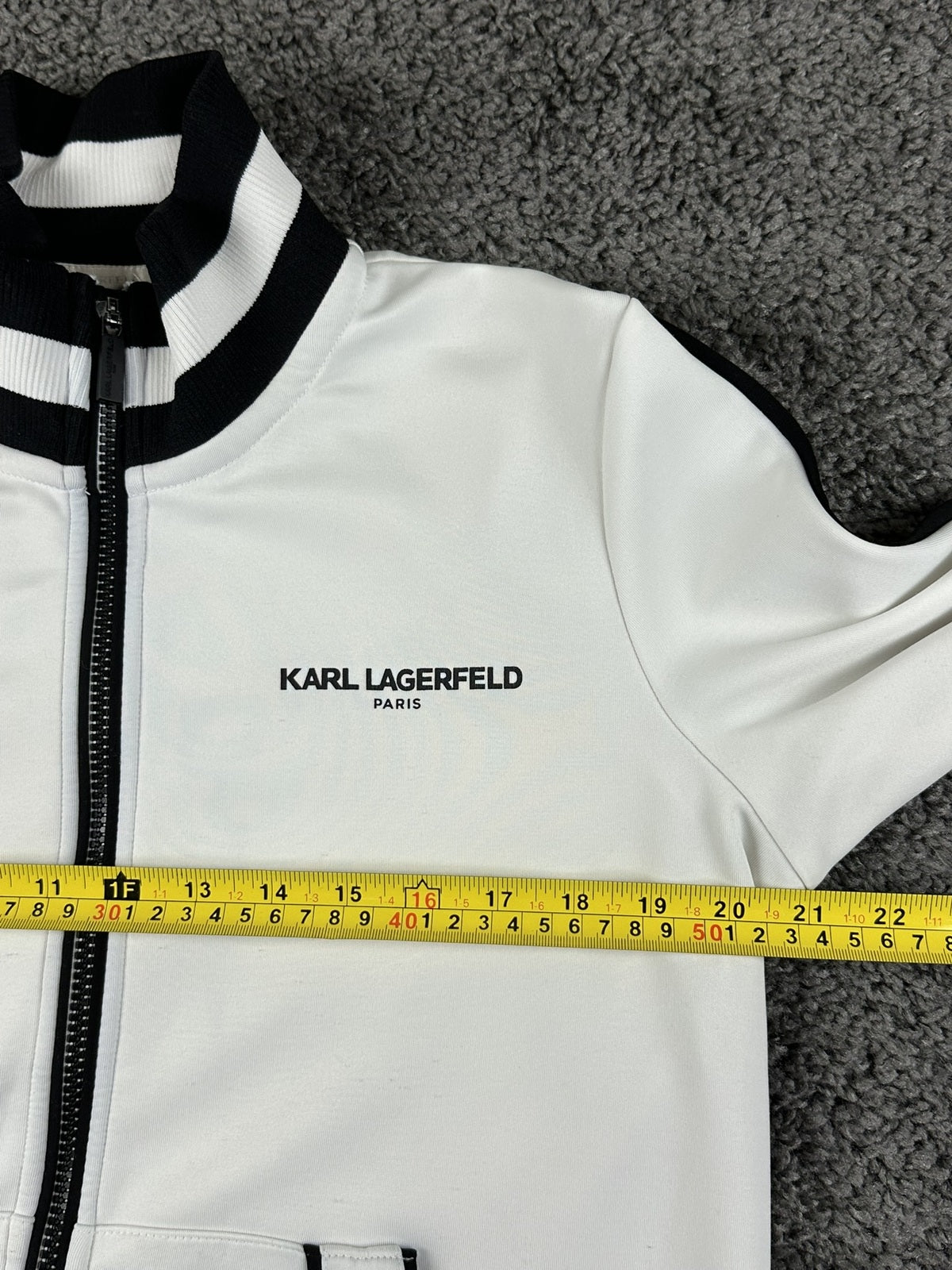 Karl Lagerfeld Paris Womens Small Track Jacket White Black Snap Sleeve Full Zip