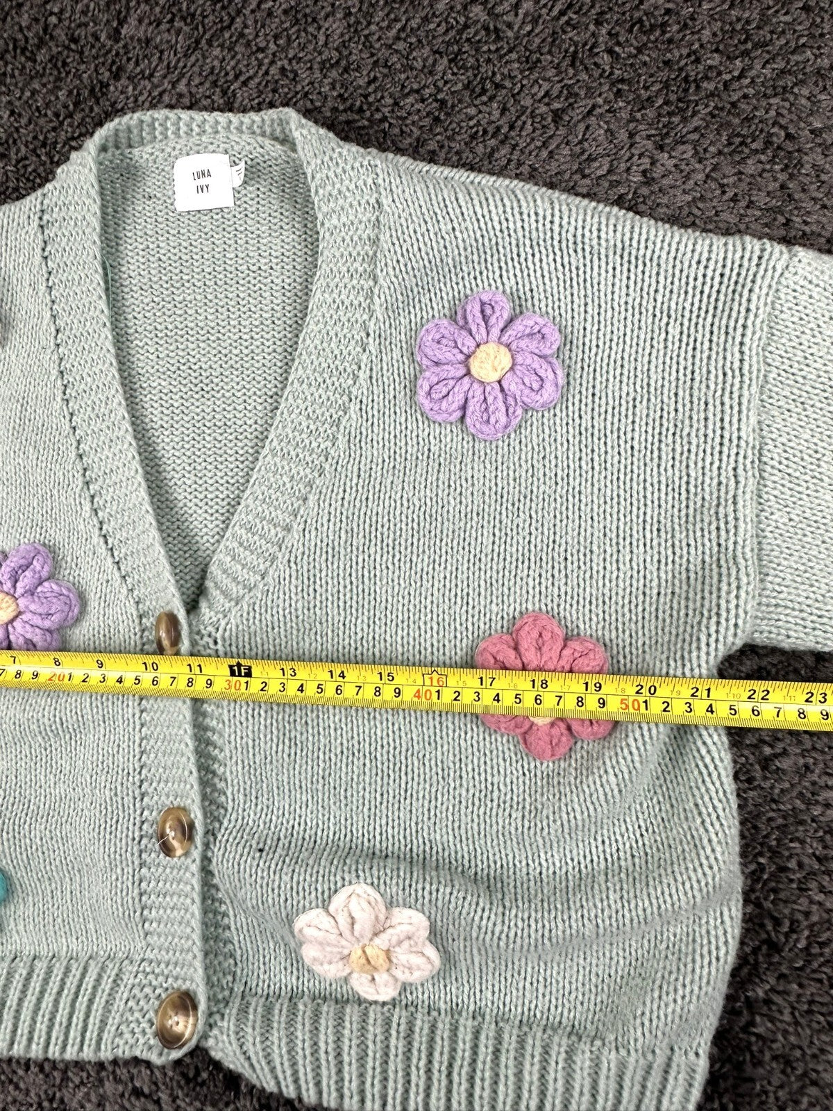 Luna Ivy Women's Large Mint Green 3D Floral Applique Button Cardigan Sweater