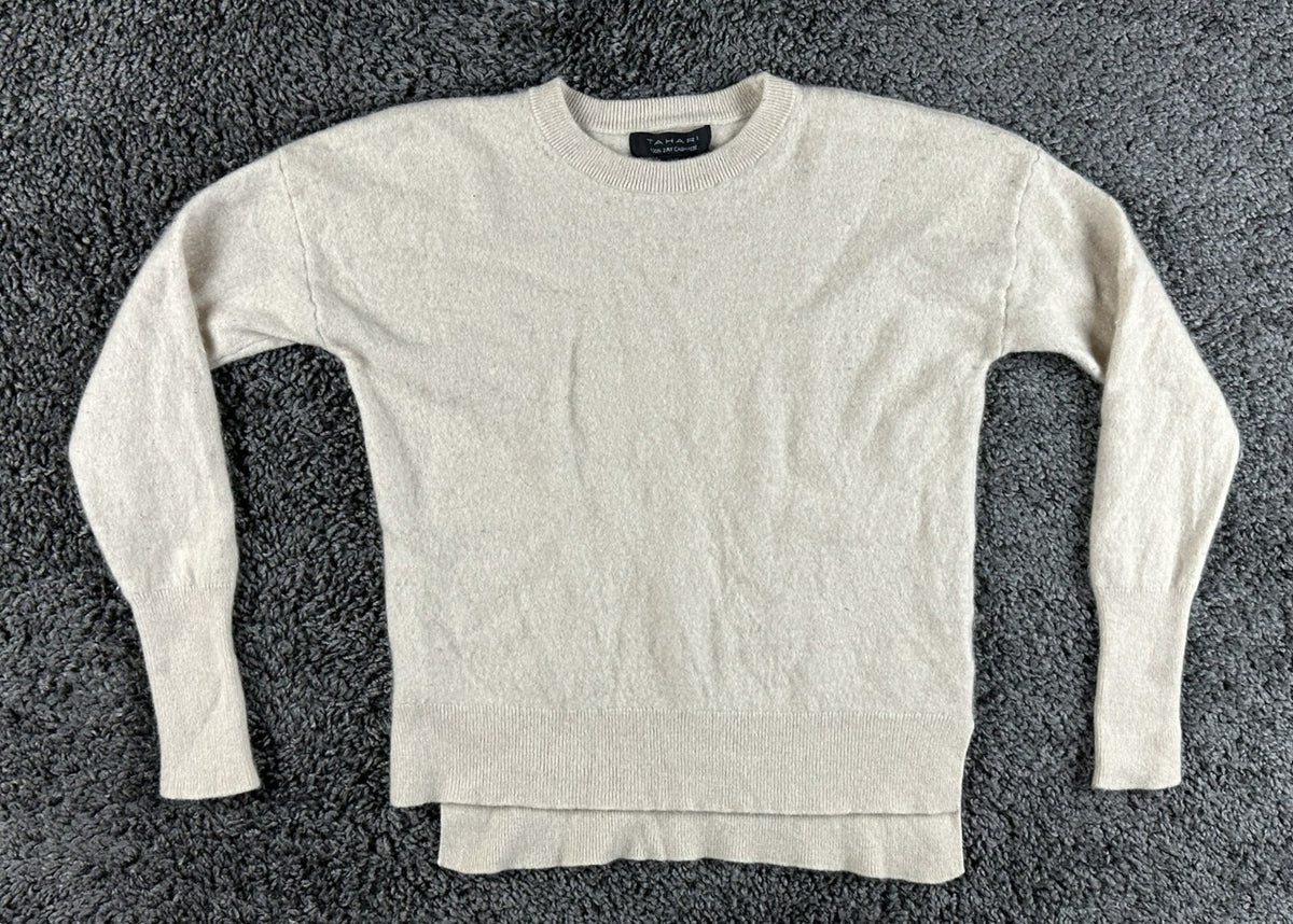 Tahari Womens M 100% Cashmere 2-Ply Crewneck Sweater Oatmeal Beige High Low